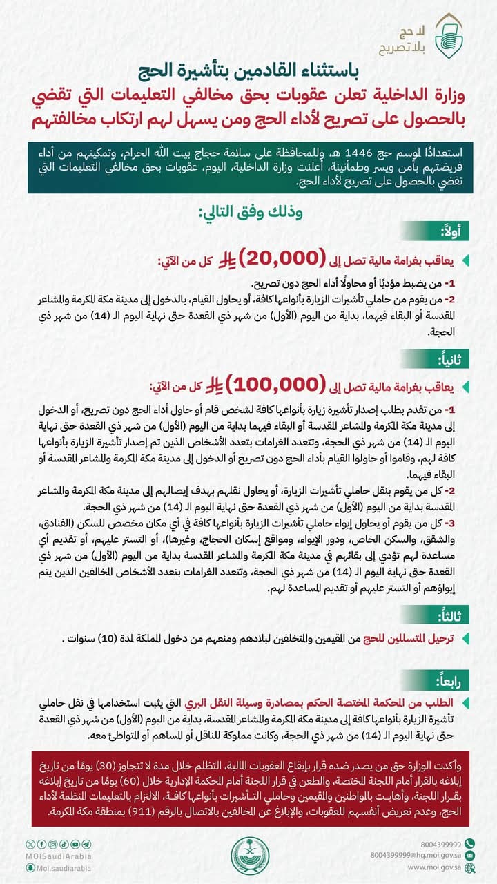 وزارة الداخلية السعودية تعلن عن عقوبات مالية تصل إلى 100 ألف ريال سعودي لمخالفي أنظمة وتعليمات الحج